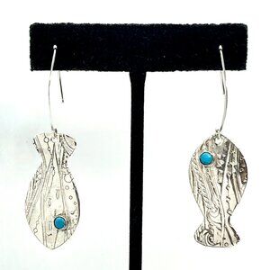 VINTAGE STERLING SILVER Turquoise Fish Drop Earrings Etched Southwest Artisan